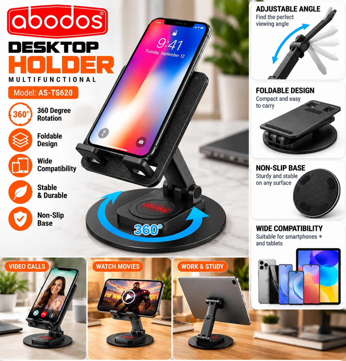 Abodos AS-TS620 black foldable rotating desktop holder product features